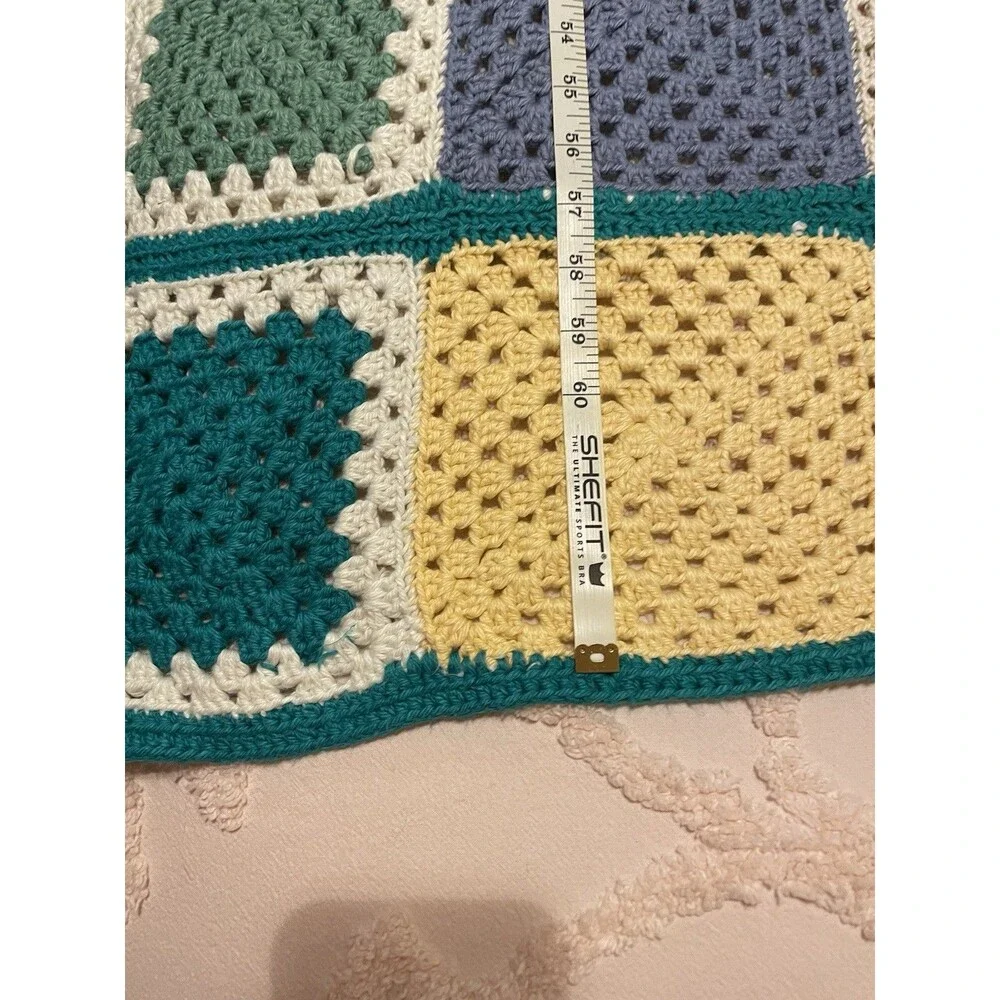 Vintage 1980s Pastel Heavy Crocheted Granny Square Throw Blanket 64x44”